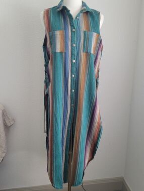 L&B Serape Stripe Sleeveless Duster Vest Lace Up Sz M Western Boho Festival